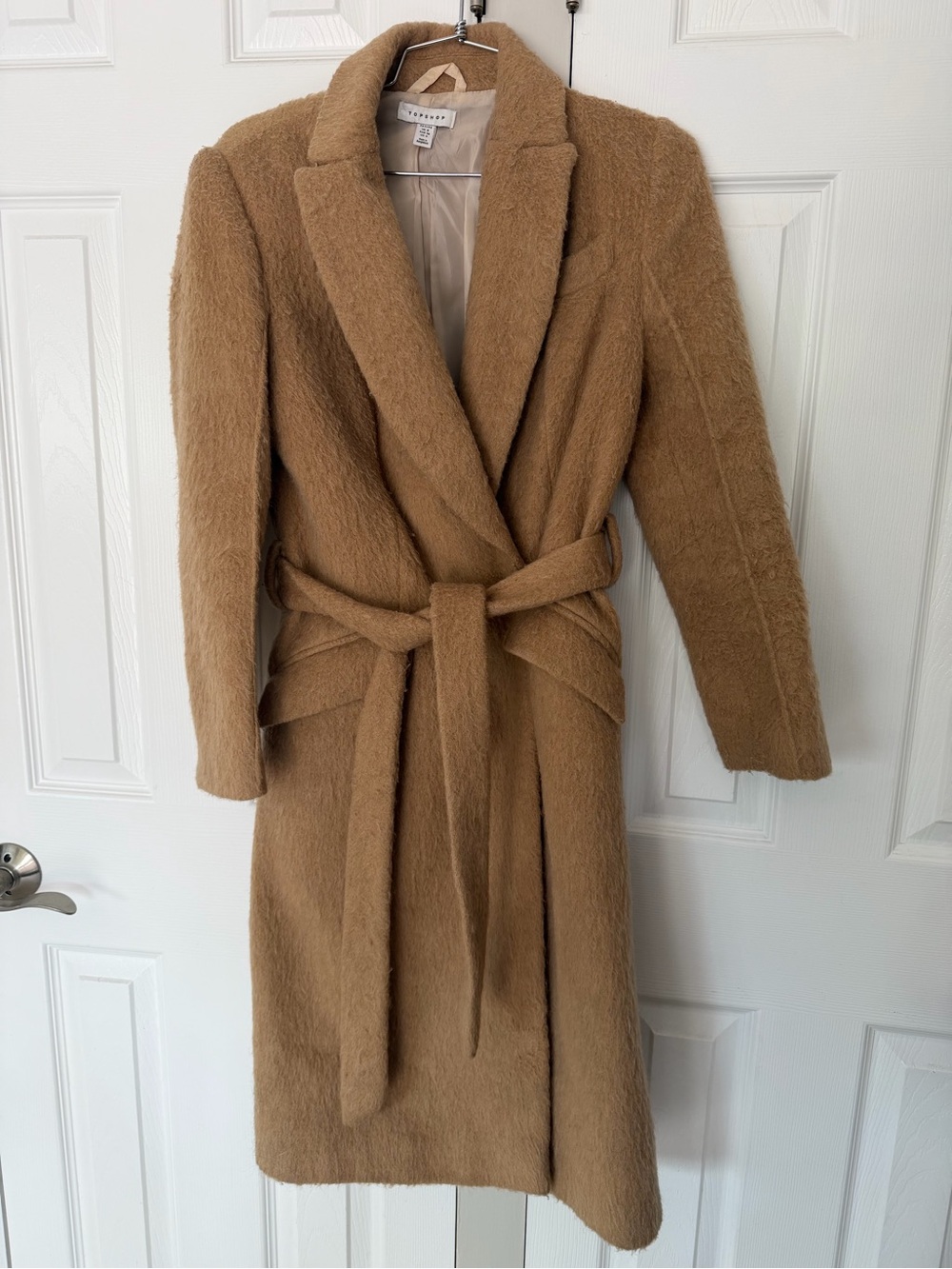Topshop Camel Belted Faux-Fur Long Coat